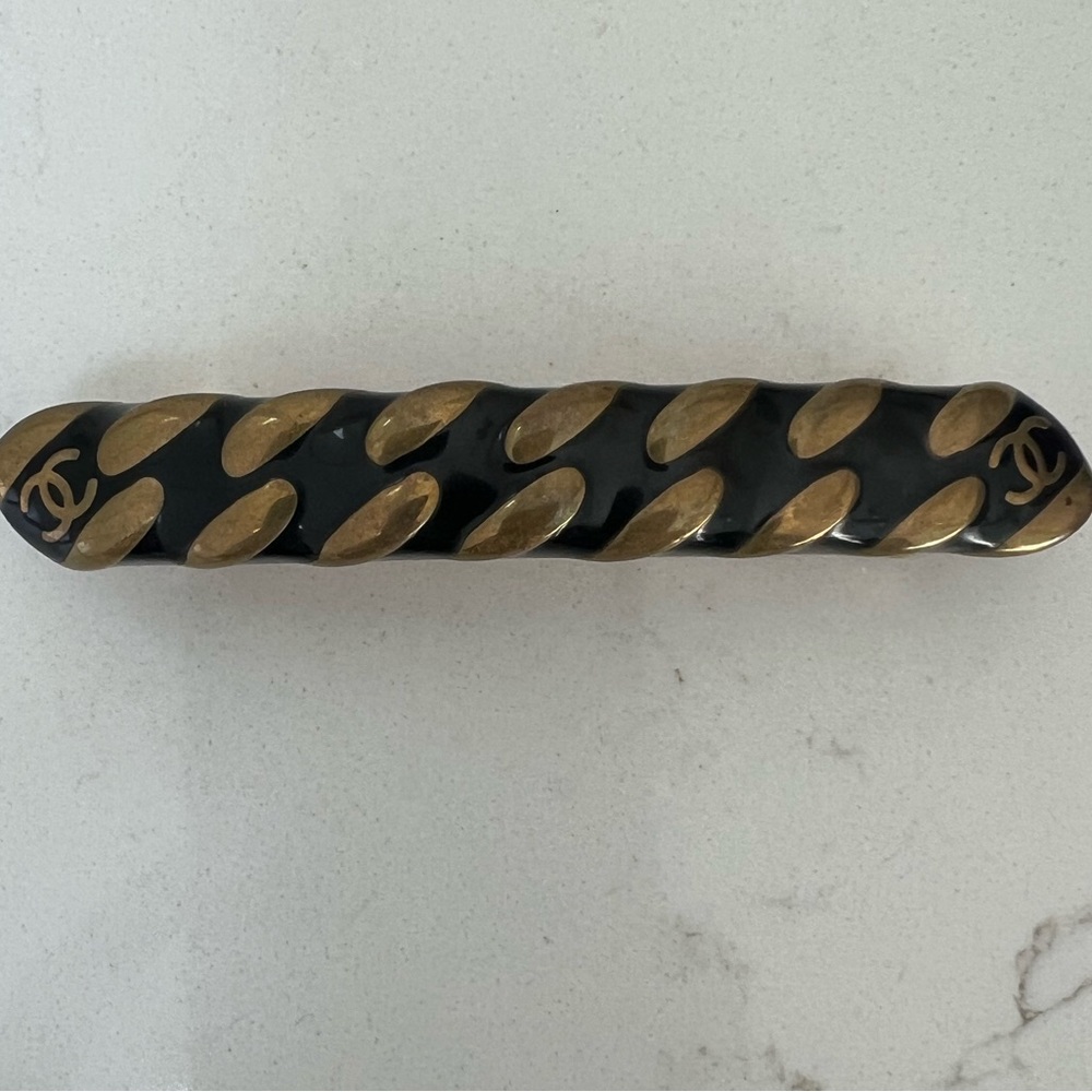 Vintage Chanel Logo Resin Hair Clip- black and gold